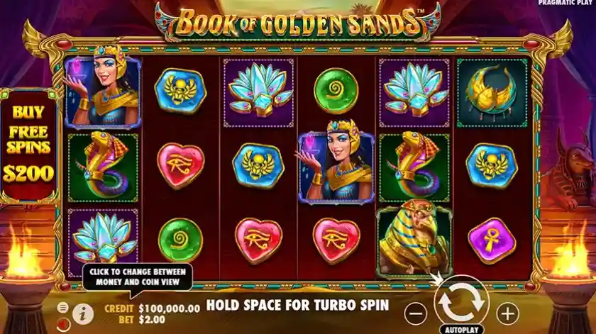 Активация бонусного режима в игре "Book of Golden Sands" происходит с запуском специального символа, сопровождаемого расширяющимися игровыми барабанами.